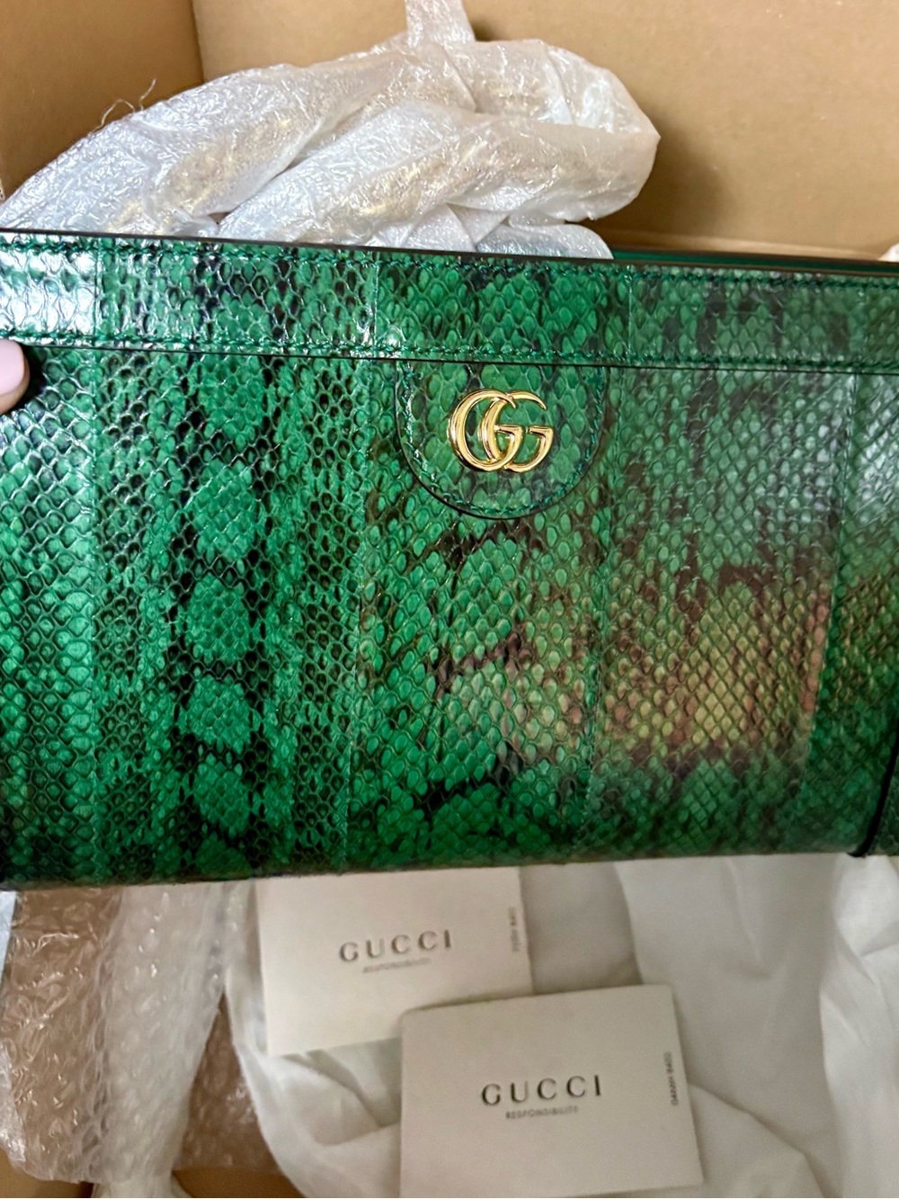 Gucci Ophidia Snakeskin Shoulder Bag in emerald green.
